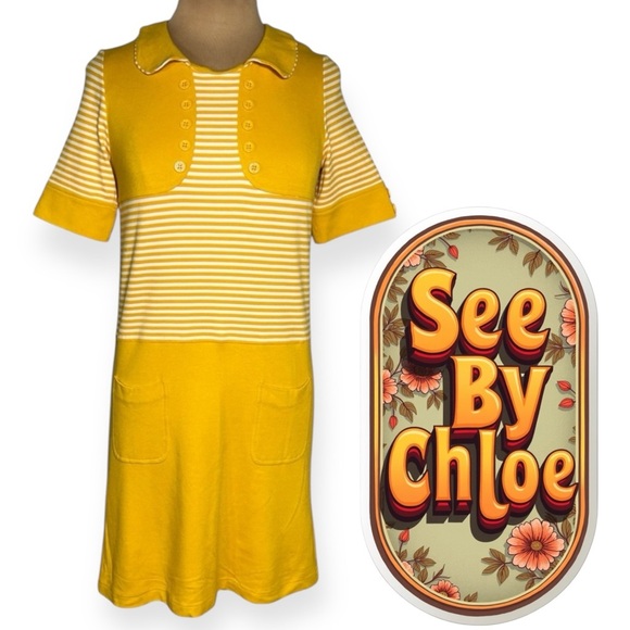 See by Chloe yellow and white stripe retro mod dress size 6 - Picture 1 of 10